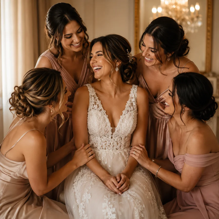 Noiva e madrinhas em vestidos elegantes Mia Sposa